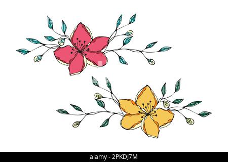 Blumenset handgezeichnet, Blumenverzierung gelb und rosa rot. Vektordarstellung Stock Vektor