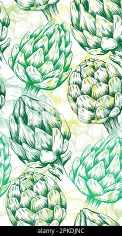 Nahtloses Vektormuster mit von Hand gezeichneten grünen Artischocken auf weißem Hintergrund. Natürliche gesunde Lebensmittel Hintergrund für Tapete. Textur mit Skizze Stock Vektor