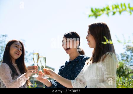 Drei lächelnde Frauen, die auf eine Gartenparty anstoßen Stockfoto