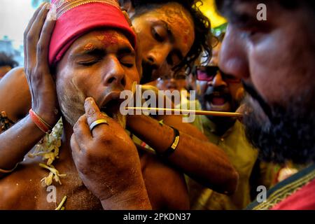 Bandel, Indien. 06. April 2023. Ein Gläubiger, der während des religiösen Festivals Vel Vel in Westbengalen von einem Speer (auch als göttlicher Speer bekannt) durchbohrt wurde. Velvel ist ein Hindu-Festival, das dem Hindu-Gott Murugan/Mutthumariamman gewidmet ist und im April gefeiert wird. Die Gläubigen führen verschiedene schmerzhafte Rituale durch, oft mit Piercing, in der Überzeugung, dass Gott Murugan/Mutthumariamman ihre Familienmitglieder für das nächste Jahr vor allen bösen Mächten retten wird. Kredit: SOPA Images Limited/Alamy Live News Stockfoto