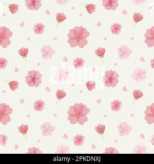 Nahtloses Muster mit verschiedenen wunderschönen, wässrigen Sakura-Blumen und Blütenblättern Stock Vektor
