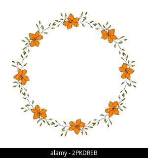 Kranz mit rundem Rahmen und kritzelnden orangefarbenen Blumen, handgemalt, konturiert und blumig. . Vektordarstellung Stock Vektor
