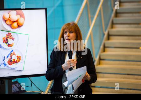 Vizekanzlerin der Monash University, Prof. Margaret Gardner, hält eine Rede auf der Monash Low FODMAP-Kochbucheinführung. Die Veranstaltung zur Veröffentlichung des Buches wird von Monash Publishing und Monash University, Abteilung für Gastroenterologie, FODMAP-Team organisiert. Das Cookbook enthält Rezepte mit niedrigem FODMAP und wissenschaftliche Daten und wurde für Menschen mit Reizdarmsyndrom (RDS) entwickelt. An der Einführung des Buches nahmen die Vizekanzlerin Margaret Gardner, Vorsitzende des Monash Publishing Marilyn Louise Warner AC KC, und Prof. Peter Gibson Teil. Stockfoto