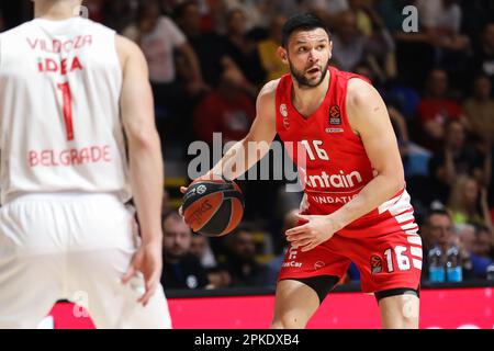 Belgrad, Serbien, 6. April 2023. Kostas Papanikolaou von Olympiacos Piraeus in Aktion während des EuroLeague-Spiels der Turkish Airlines 2022/2023 zwischen Crvena Zvezda mts Belgrad und Olympiacos Piraeus in der Halle Aleksandar Nikolic in Belgrad, Serbien. 6. April 2023. Kredit: Nikola Krstic/Alamy Stockfoto