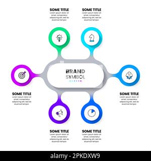 Infografik-Vorlage mit Symbolen und 6 Optionen oder Schritten. Verbundene Kreise. Kann für Workflow-Layout, Diagramm, Banner, webdesign verwendet werden. Vektor illustr Stock Vektor