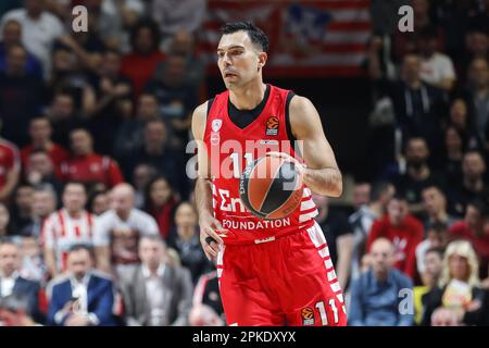 Belgrad, Serbien, 6. April 2023. Kostas Sloukas von Olympiacos Piraeus in Aktion während des EuroLeague-Spiels der Turkish Airlines 2022/2023 zwischen Crvena Zvezda mts Belgrad und Olympiacos Piraeus in der Halle Aleksandar Nikolic in Belgrad, Serbien. 6. April 2023. Kredit: Nikola Krstic/Alamy Stockfoto