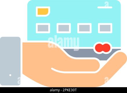 Handgehaltene Kreditkarte, Zahlung mit Karte, weißes Umrisssymbol für NFC-Zahlung. Shopping, Onlinebanking, Design von Finanzsymbolen. Stock Vektor