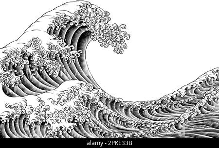 Great Wave Vintage, Japanische Gravur Im Holzschnitt-Stil Stock Vektor