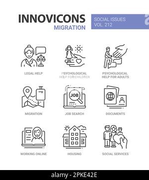 Migration und Unterstützung - Symbolsatz für Liniendesign Stock Vektor