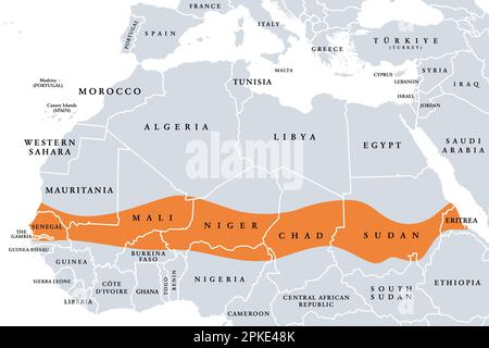 Die Sahel-A-Region in Afrika, politische Karte. Ökoklimatische, biogeografische Übergangsbereiche zwischen der Sahara und der sudanischen Savanne. Stockfoto