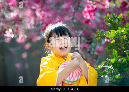 Ein Mädchen lacht in einem Kimono der Sieben-fünf-drei-drei Stockfoto