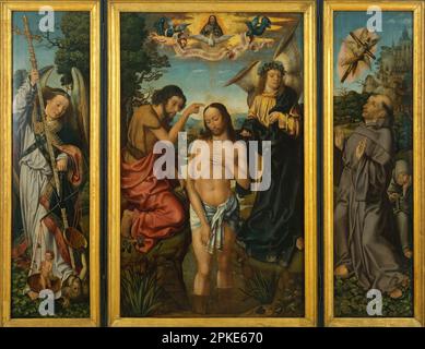 Triptych der Taufe Christi von 1500 bis 1520 durch den Meister von Frankfurt Stockfoto