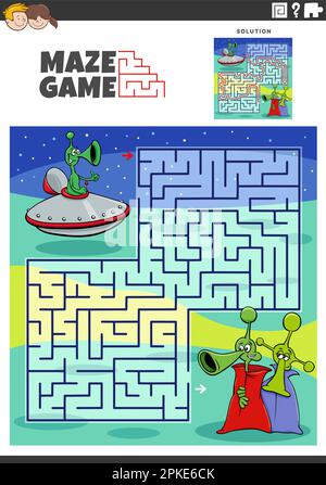 Cartoon-Illustration einer informativen Labyrinth-Puzzle-Aktivität für Kinder mit lustigen Alien-Figuren Stock Vektor