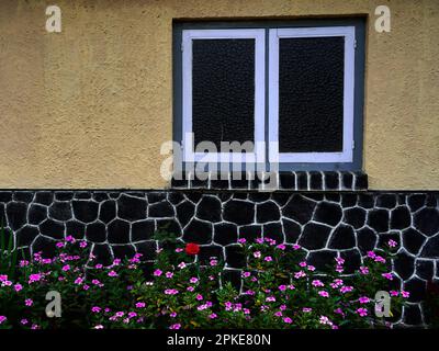 Fenster auf das holländische Designhaus mit wunderschönen Fließkannen darunter. Bondowoso, Indonesien. Vintage und Retro. Stockfoto