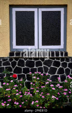 Fenster auf das holländische Designhaus mit wunderschönen Fließkannen darunter. Bondowoso, Indonesien. Vintage und Retro. Stockfoto