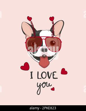 Schönes Poster Valentinstag. Süßes Hundelächeln mit Herzen und Zitat: "Ich liebe dich." Französischer Bulldog schwarz-weiß. Postkarte, Anerkennung, valentine. Vektorabbildung Hündchen und Liebe. Rosa, Flach. Stock Vektor