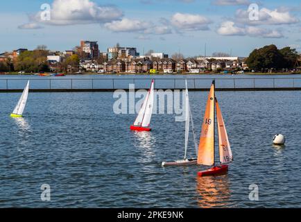 Poole, Dorset, UK. 7. April 2023 Wetter in Großbritannien: Fans von funkgesteuerten Booten fahren an einem schönen, warmen Osterfreitag in der 1-Meter-Klasse um den Poole Park See. Kredit: Carolyn Jenkins/Alamy Live News Stockfoto