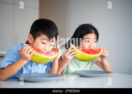 Brüder essen einen großen Wassermelonenschnitt Stockfoto