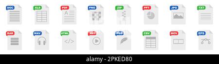 Flache Symbolgruppe für Dateiformat. Symbole für Dokumentdateien Stock Vektor