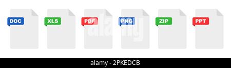 Flache Symbolgruppe für Dateiformat. Symbole für Dokumentdateien Stock Vektor