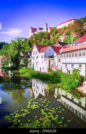 Harburg, Deutschland. Charmante bayerische Stadt, malerische Straßen, traditionelle Architekturlandschaft. Stockfoto