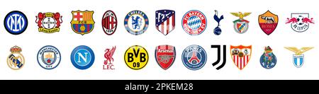 Vinnitsa, Ukraine - 5. Dezember 2022: Fußball. Die beliebtesten europäischen Fußballmannschaften Logo-Ikonensätze. Vektor-Editordarstellung Stock Vektor
