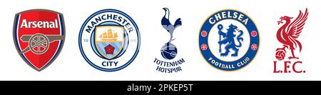 Vinnitsa, Ukraine - 08. November 2022: Fußballweltmeisterschaften der Premier League. Arsenal, Manchester City, Tottenham, Chelsea, Liverpool. Vektor-edi Stock Vektor