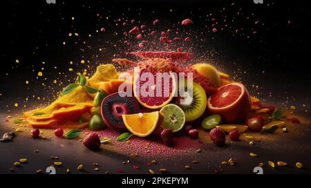 Eine Auswahl frischer, reifer Früchte, darunter Äpfel, Orangen, Bananen, Kiwis, Und Trauben Stockfoto