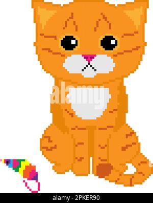 8bit-Pixel-Kunst einer süßen Ingwerkatze mit einer Regenbogenmaus Stock Vektor