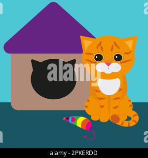 Vector-Ingwer-Katze mit einem Haus im flachen Stil Stock Vektor