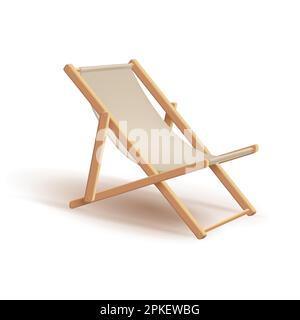 3D realistische Strandliege aus Naturbettwäsche mit Holzkonstruktion isoliert auf weißem Hintergrund. Symbol für Vektordarstellung Stock Vektor
