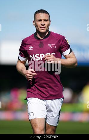 James Chester aus Derby County während des Spiels der Sky Bet League One im Bolt New Lawn Stadium, Nailsworth. Foto: Freitag, 7. April 2023. Stockfoto