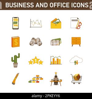 Eine Sammlung mehrfarbiger Flachsymbole zum Thema: Geschäft und Büro. Isoliert auf weißem Hintergrund. Stockfoto