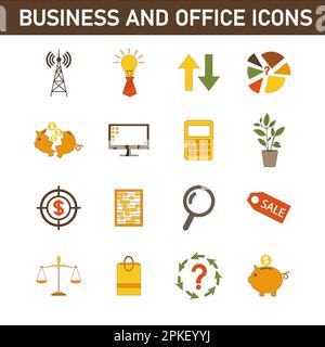 Eine Sammlung mehrfarbiger Flachsymbole zum Thema: Geschäft und Büro. Isoliert auf weißem Hintergrund. Stockfoto