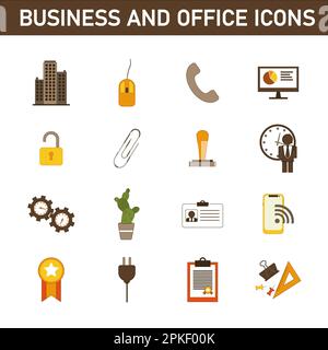 Eine Sammlung mehrfarbiger Flachsymbole zum Thema: Geschäft und Büro. Isoliert auf weißem Hintergrund. Stockfoto