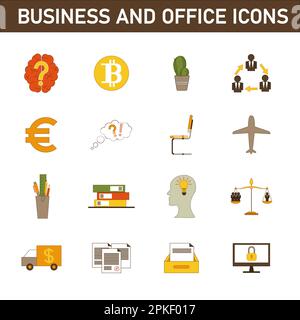 Eine Sammlung mehrfarbiger Flachsymbole zum Thema: Geschäft und Büro. Isoliert auf weißem Hintergrund. Stockfoto