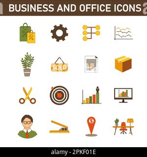 Eine Sammlung mehrfarbiger Flachsymbole zum Thema: Geschäft und Büro. Isoliert auf weißem Hintergrund. Stockfoto