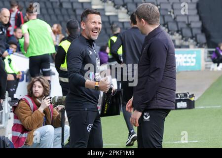 Milton Keynes, Großbritannien. 7. April 2023. John Mousinho, Manager von Portsmouth vor dem Sky Bet League 1-Spiel zwischen MK Dons und Portsmouth im Stadium MK, Milton Keynes, am Freitag, den 7. April 2023. (Foto: John Cripps | MI News) Guthaben: MI News & Sport /Alamy Live News Stockfoto