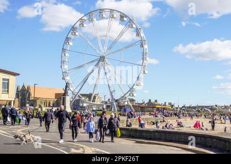 Troon, Großbritannien. 07. April 2023. Am Osterfreitag, dem ersten Tag des Osterferienwochenendes, zog das warme und sonnige Wetter einige Leute an den Strand. Kredit: Findlay/Alamy Live News Stockfoto