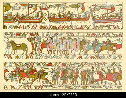 Der Bayeux Tapestry ist ein Stickerei, die fast 230 Meter lang und 20 Zoll hoch ist und die Ereignisse darstellt, die zur normannischen Eroberung Englands zwischen William, Herzog der Normandie, und Harold, Earl of Wessex, späterer König von England, führten. In der Schlacht von Hastings 1066 besiegte William Harold. Es erzählt die Geschichte aus der Sicht der eroberten Normannen, aber es ist nun vereinbart, dass sie in England gemacht wurde. Es wurde mit grober Bettwäsche gearbeitet und ist 230 x 20 cm groß. Das Datum ist umstritten. Es befindet sich im Bayeux Museum in Bayeux, Frankreich. Stockfoto