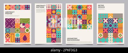 Poster mit geometrischen Retro-Formen. Abstrakte flyer im retro-Design von bauhaus für Anzeigen und Präsentationen, minimale Avantgarde-Formen. Vektorsammlung bauhaus Stock Vektor