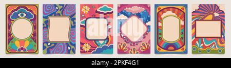 Retro-psychedelische Rahmen. Abstraktes, farbenfrohes Flyer-Layout mit flüssigen Formen und Platz für Text, Hintergrundtapeteneinband. Vektorset psychedelischen Po Stock Vektor