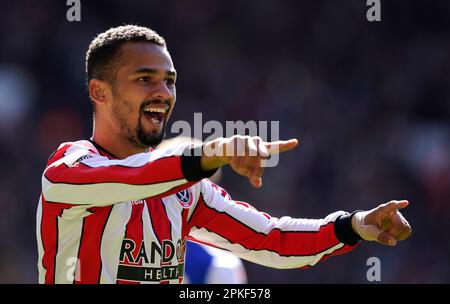 Sheffield, Großbritannien. 7. April 2023. Iliman Ndiaye aus Sheffield Utd feiert seine Feier, nachdem er während des Sky Bet Championship-Spiels in Bramall Lane, Sheffield, das Eröffnungstor geschossen hat. Der Bildausdruck sollte lauten: Andrew Yates/Sportimage Credit: Sportimage/Alamy Live News Stockfoto