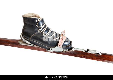 Alter Skistiefel mit Kandahar-Bindung, 1960er Stockfoto