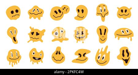 Verzerrte Emoticons. Psychedelische abstrakte Emoji-Charaktere mit tropfenden, lächelnden, verärgerten Gefühlen, süßen abstrakten Emojis. Vektor farbig Set o Stock Vektor