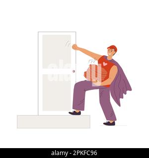 Ein Superheld-Pizzalieferant klopft an die Tür Stock Vektor