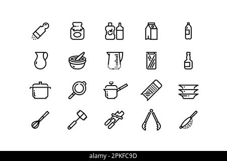 Liniensymbole für Kochgeschirr. Küchenutensilien und Accessoires Ketchup und Senfsaucen, Messbecher, Topf, Bratpfanne und Lebensmittelbehälter. Vektorbearbeitungstabelle Stock Vektor