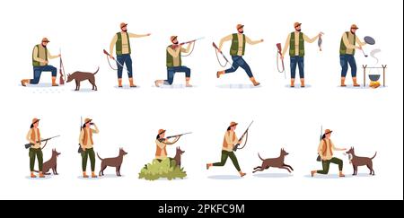 Jägerfigur. Cartoon-Person mit Jagdhund-Zielwaffe, Jäger männlich und weiblich in Tarnkleidung mit Hund im Wald. Vektorset von Wild Stock Vektor