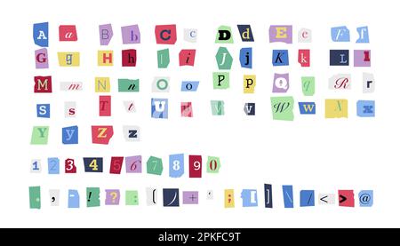 Anonymes Alphabet. Altes retrorechendes Kleinbuchstaben- und Großbuchstaben-Alphabet. Farbige Vintage-Charaktere, Retro-Ausschnitt mit gemischten Charakteren für die Collage. Vektorsatz Stock Vektor