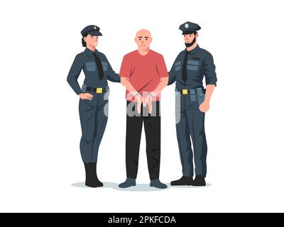 Polizei verhaftet. Polizist und Polizistin, die einen Kriminellen mit Handschellen festnehmen, Zeichentrickfilm-Detektivfiguren in Uniform, schnappten einen Dieb. Vektor krank Stock Vektor